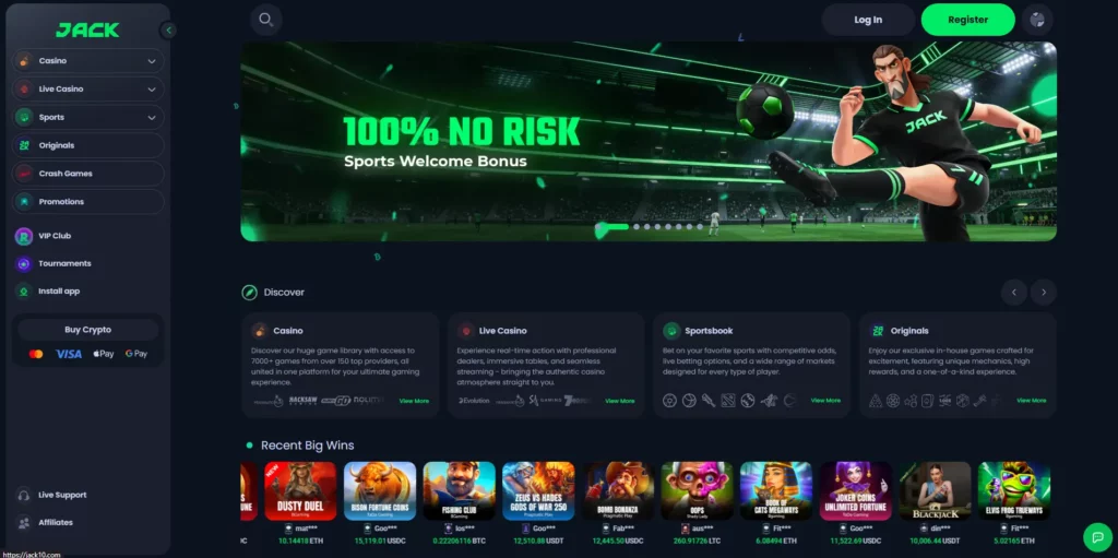 JACK casino interface displaying the sportsbook and casino tabs